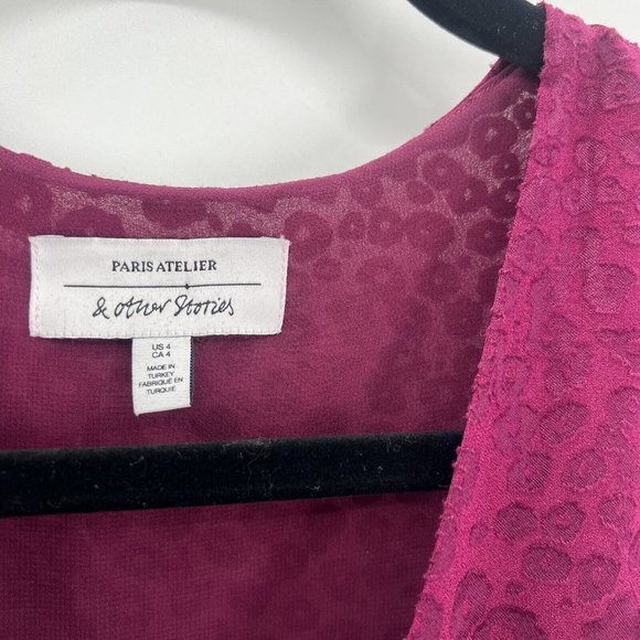 & Other Stories Gathered Waist Leopard Jacquard Mini Dress Vneck Burgundy 4 - Picture 5 of 7